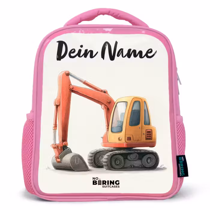 Kinderrucksack mit Namen - Rosa - Bagger - Signiert - Orange