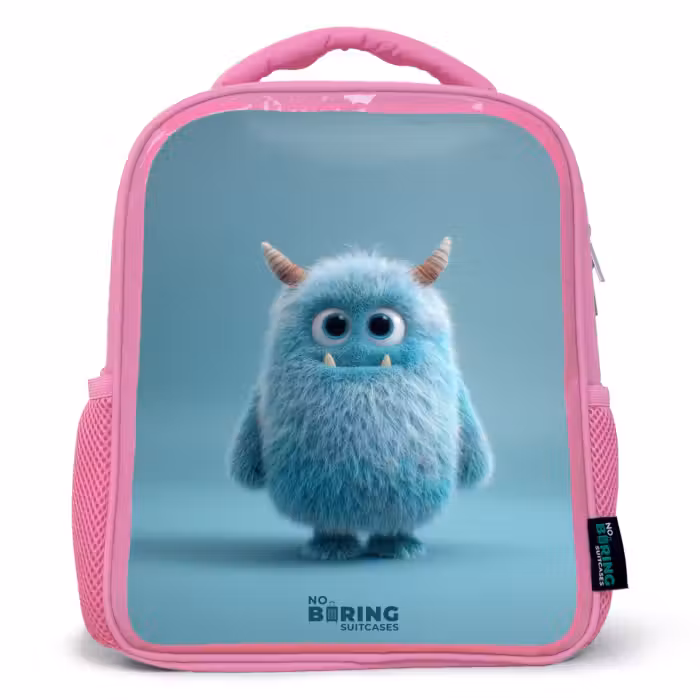 Rucksack Kind - Rosa - Blaues Plüschmonster mit Hörnern