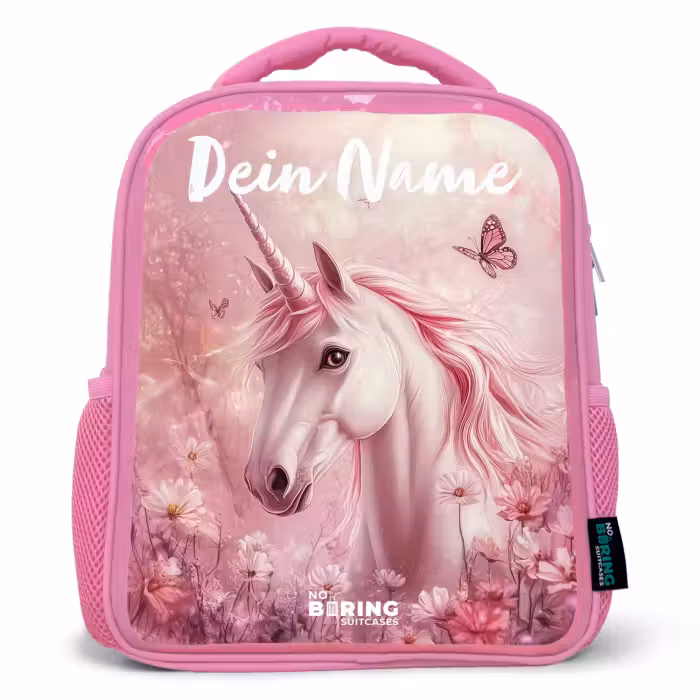 Kinderrucksack mit Namen - Rosa - Einhorn - Rosa - Schmetterling - Blumen