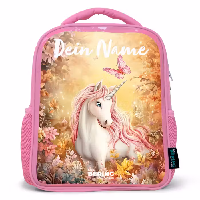Kinderrucksack mit Namen - Rosa - Einhorn - Schmetterling - Rosa - Mähne