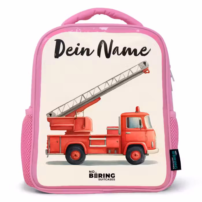 Kinderrucksack mit Namen - Rosa - Feuerwehrauto - Signiert - Rot