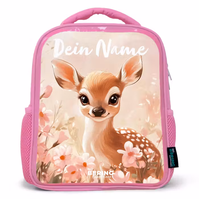Kinderrucksack mit Namen - Rosa - Hirsche - Blumen - Punkte - Rosa
