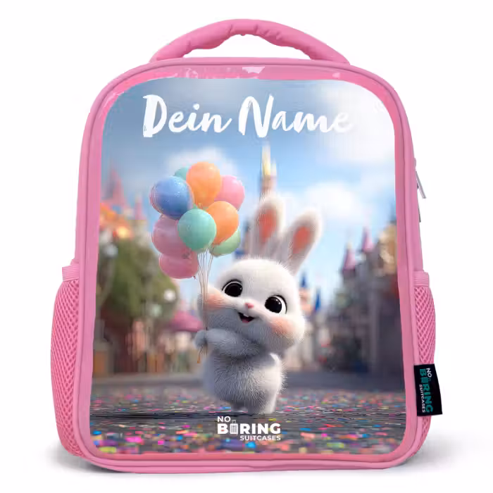 Kinderrucksack mit Namen - Rosa - Kaninchen - Luftballons