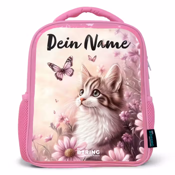 Kinderrucksack mit Namen - Rosa - Kätzchen - Schmetterlinge - Lila - Blumen