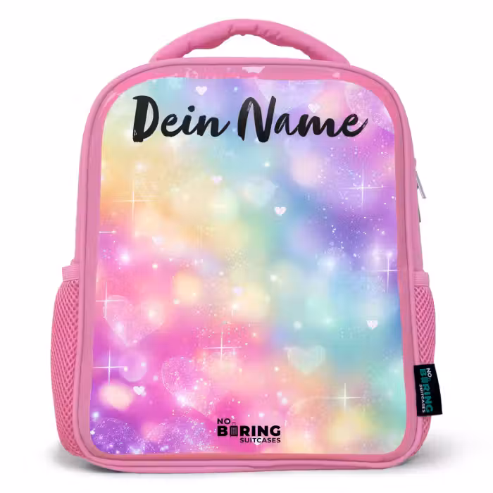 Kinderrucksack mit Name - Rosa - Licht - Regenbogen - Herzen