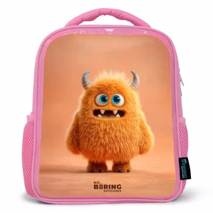 Rucksack Kind - Rosa - Orangefarbenes flauschiges Monster mit Hörnern