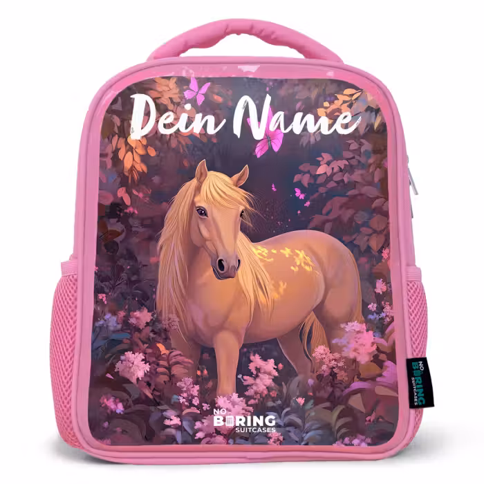 Kinderrucksack mit Namen - Rosa - Pferd - Blumen - Lila - Schmetterling
