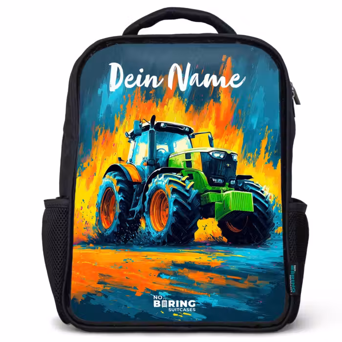 Kinderrucksack mit Namen - Schwarz - Abstrakt - Traktor - Grün
