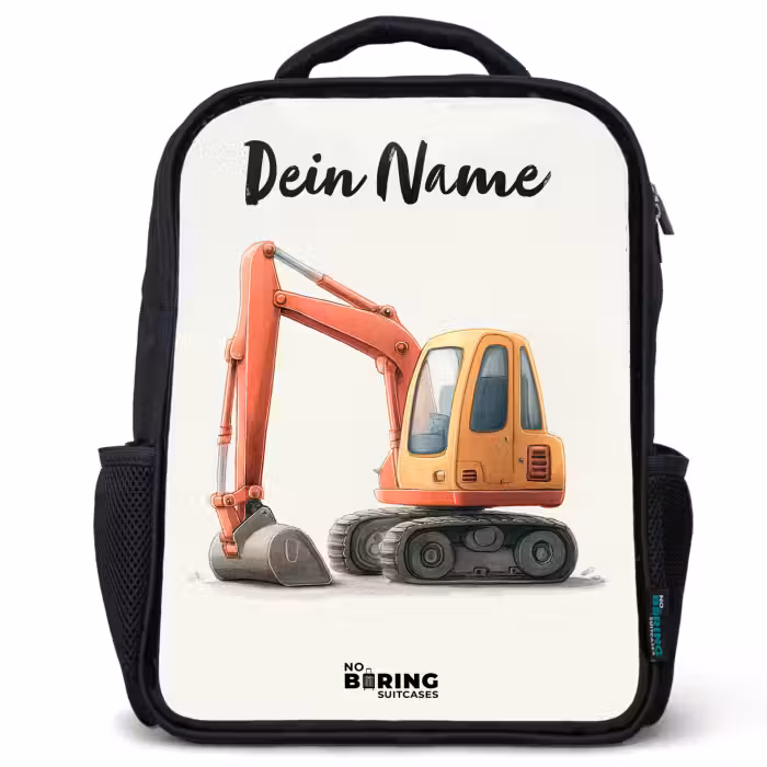 Kinderrucksack mit Namen - Schwarz - Bagger - Signiert - Orange