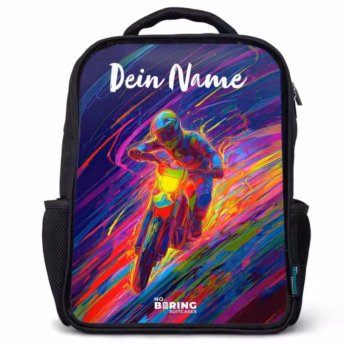 Kinderrucksack mit Namen - Schwarz - Crossrad - Neonfarben - Linien - Helm