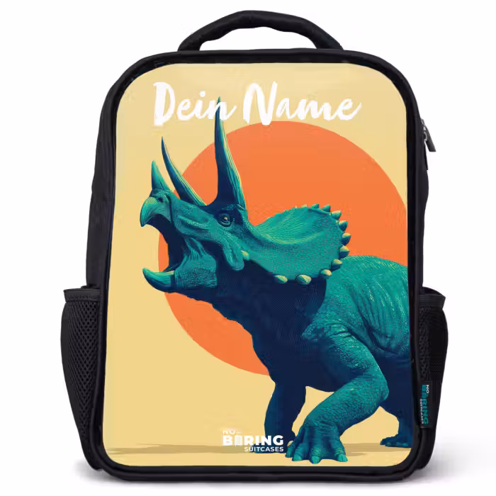 Kinderrucksack mit Namen - Schwarz - Dino - Triceratops - Tier