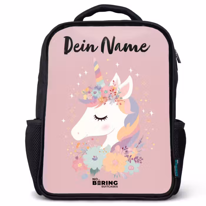 Kinderrucksack mit Namen - Schwarz - Einhorn - Rosa - Blumen