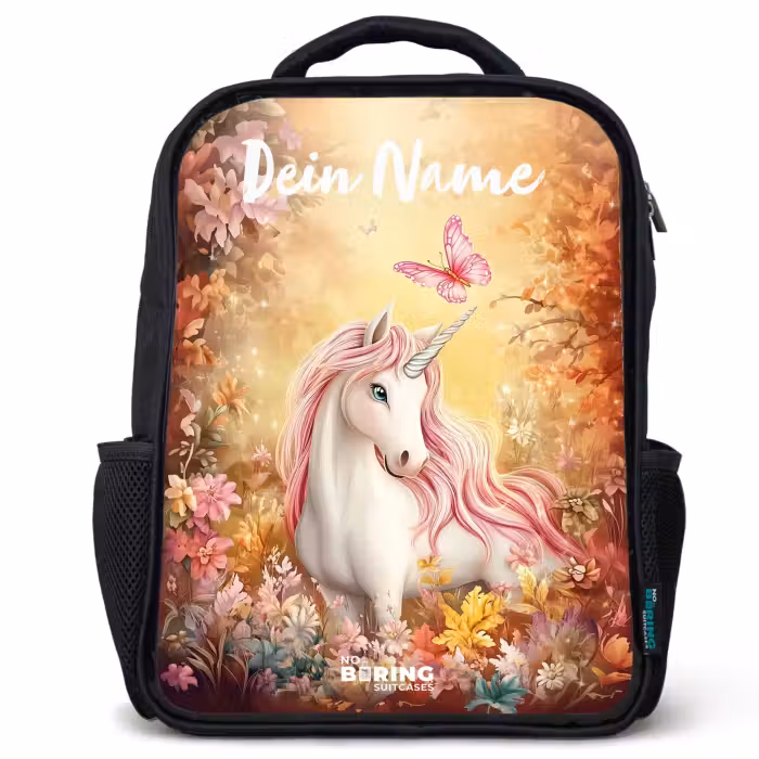 Kinderrucksack mit Namen - Schwarz - Einhorn - Schmetterling - Rosa - Mähne