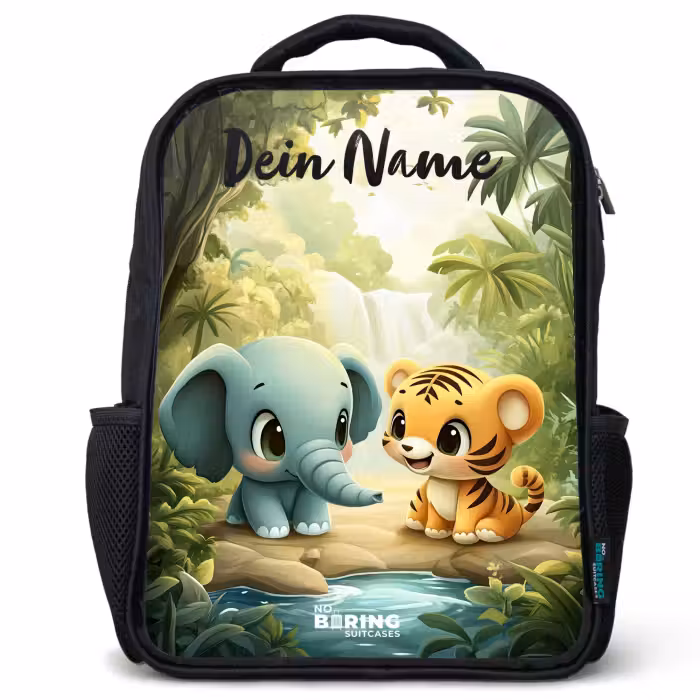 Kinderrucksack mit Namen - Schwarz - Elefant - Tiger - Wald - Dschungel