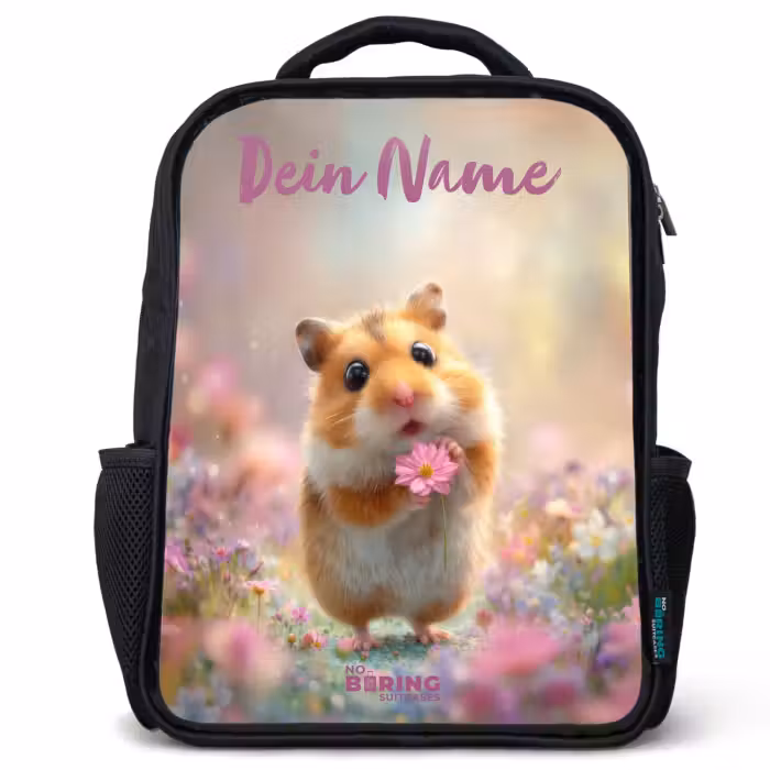 Kinderrucksack mit Namen - Schwarz - Hamster - Blume - Natur - Tier
