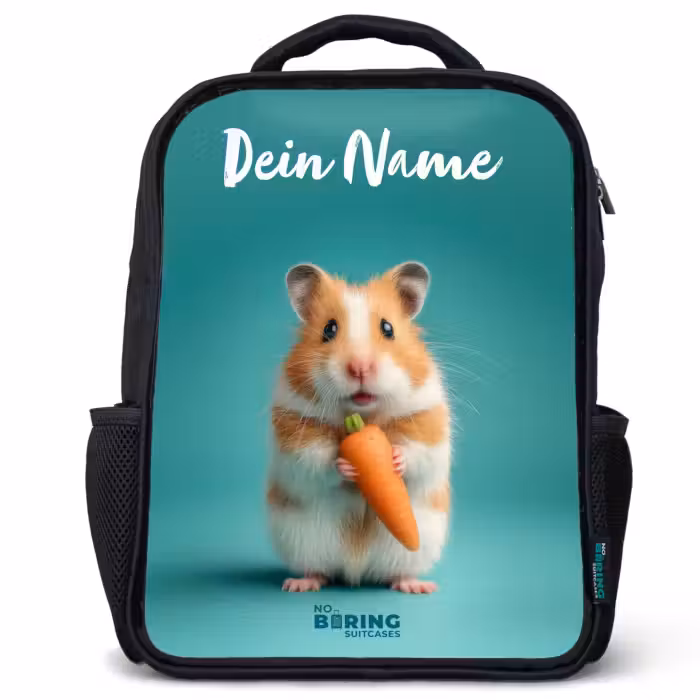 Kinderrucksack mit Namen - Schwarz - Hamster - Karotte - Tier