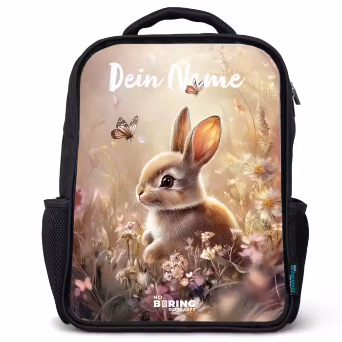 Kinderrucksack mit Namen - Schwarz - Hase - Braun - Blumen - Schmetterlinge
