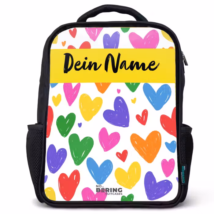 Kinderrucksack mit Namen - Schwarz - Herzen - Muster - Farbenfroh