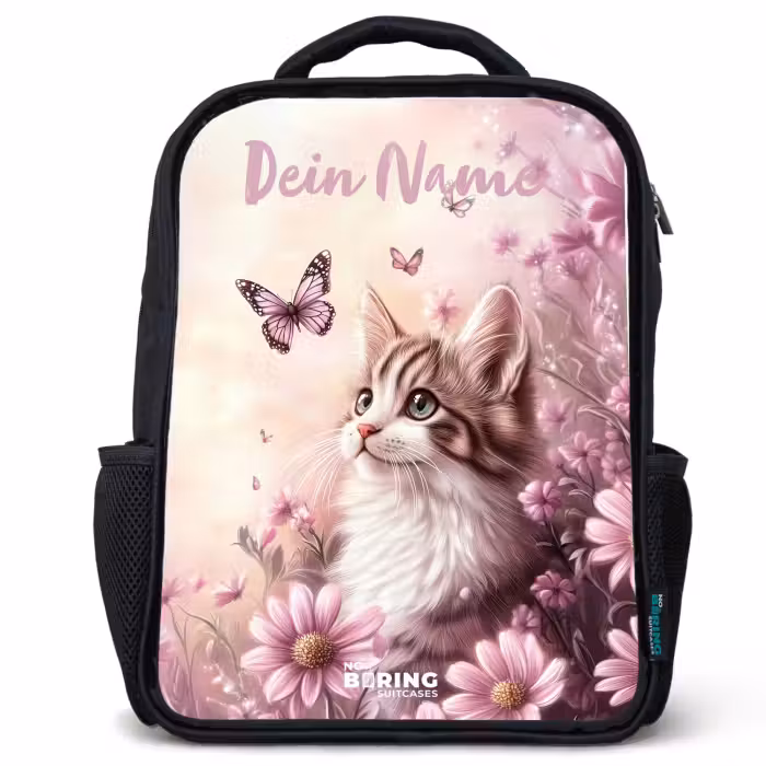 Kinderrucksack mit Namen - Schwarz - Kätzchen - Schmetterlinge - Lila - Blumen