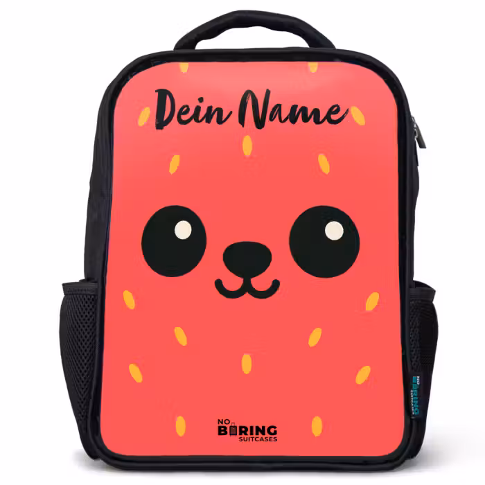 Kinderrucksack mit Namen - Schwarz - Kawai - Erdbeere - Rot
