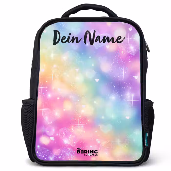 Kinderrucksack mit Namen - Schwarz - Licht - Regenbogen - Herzen
