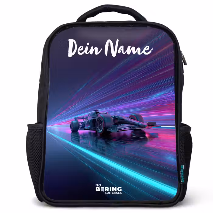 Kinderrucksack mit Namen - Schwarz - Lichtbalken - Neon - Rennwagen - Lila