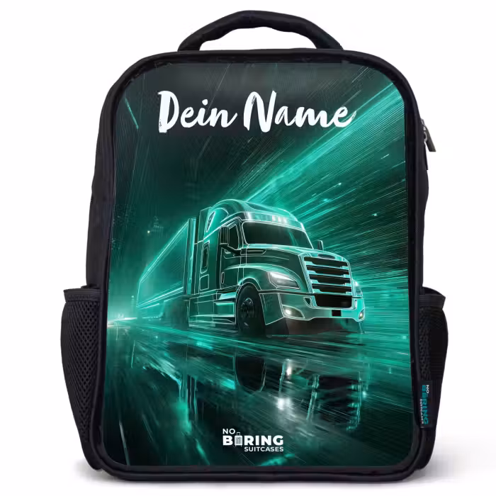 Kinderrucksack mit Namen - Schwarz - Lkw - Stadt - Grün - Neon