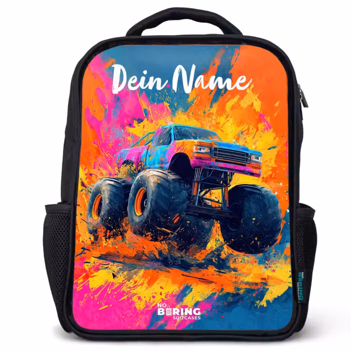 Kinderrucksack mit Namen - Schwarz - Monstertruck - Abstrakt - Farbspritzer - Farbenfroh