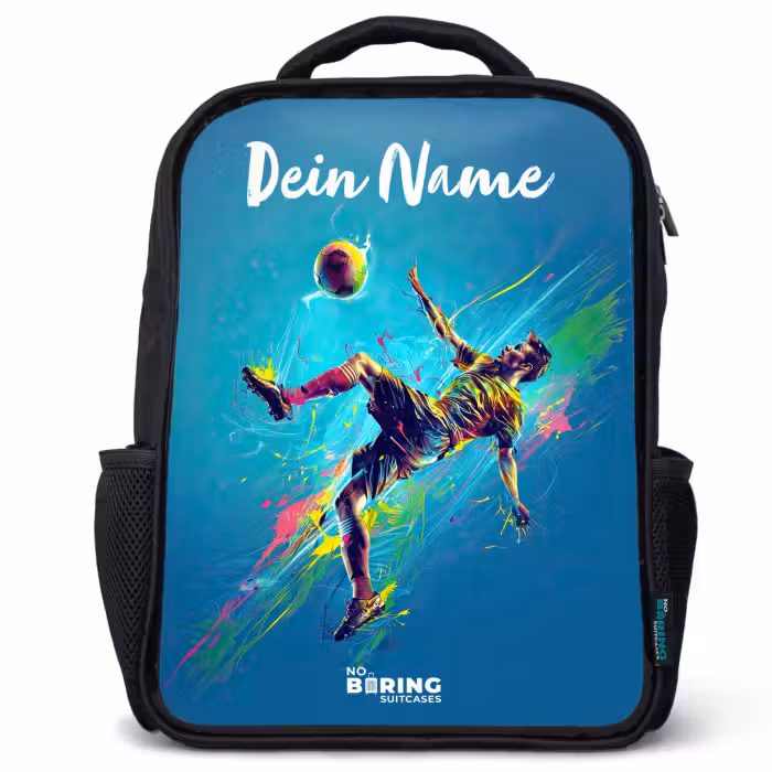 Kinderrucksack mit Namen - Schwarz - Neon - Fußball - Kick - Farbenfroh