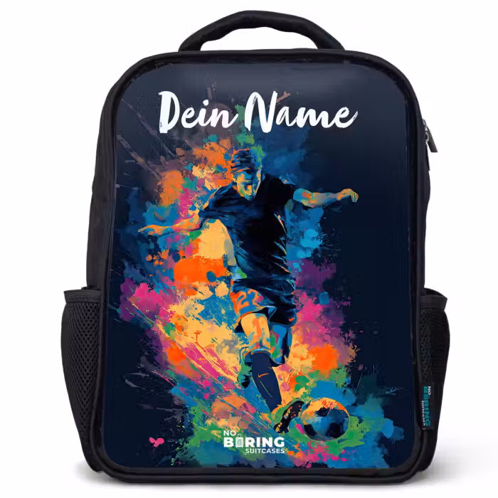 Kinderrucksack mit Namen - Schwarz - Neon - Fußballer - Farbenfroh