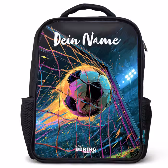 Kinderrucksack mit Namen - Schwarz - Neon - Netz - Fußball - Farbenfroh