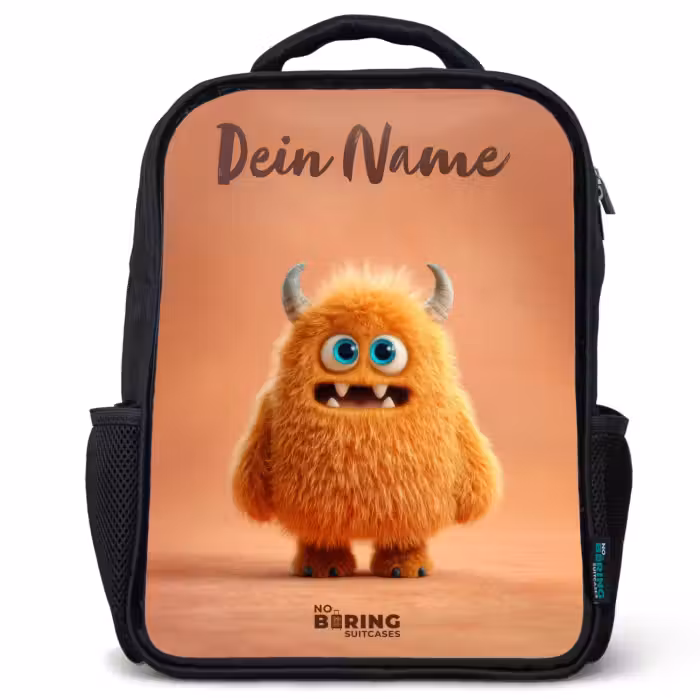 Kinderrucksack mit Namen - Schwarz - Orangefarbenes flauschiges Monster mit Hörnern
