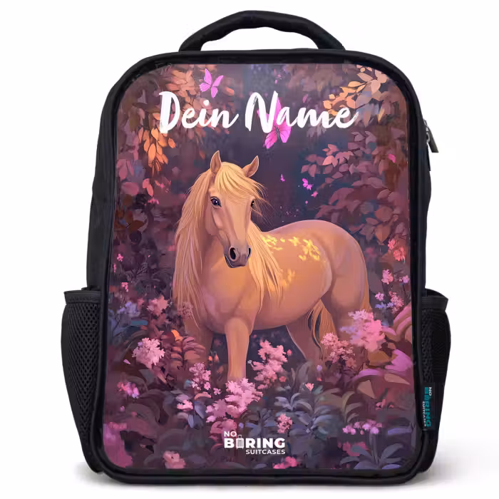 Kinderrucksack mit Namen - Schwarz - Pferd - Blumen - Lila - Schmetterling