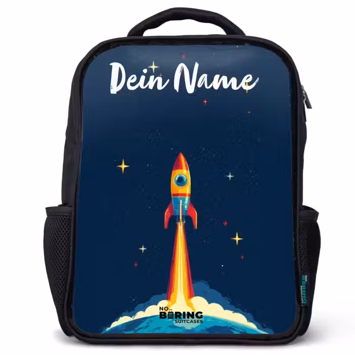 Kinderrucksack mit Namen - Schwarz - Planet - Rakete - Sterne - Dunkelblau
