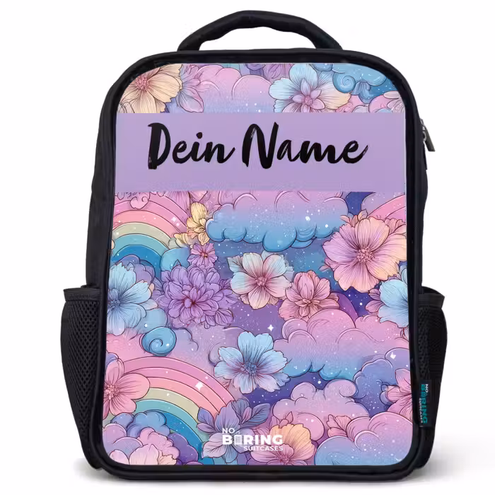 Kinderrucksack mit Namen - Schwarz - Regenbögen - Blumen - Farbenfroh