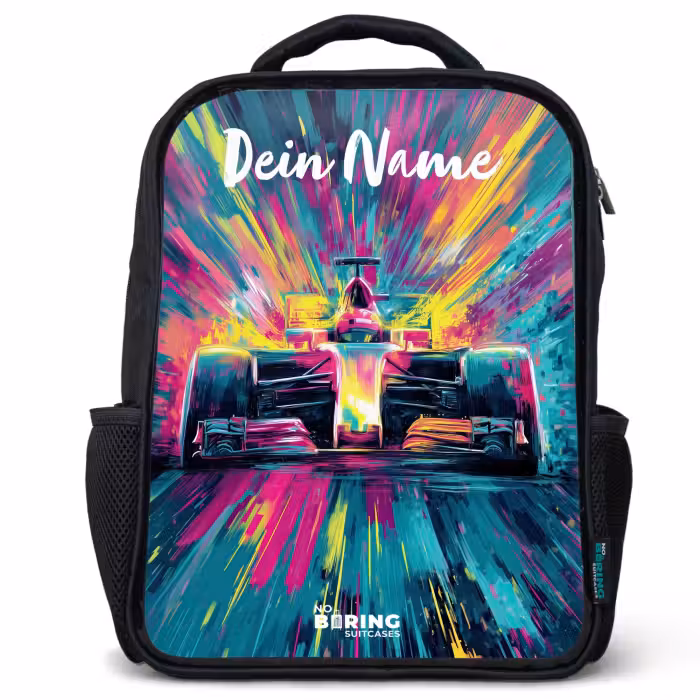 Kinderrucksack mit Namen - Schwarz - Rennwagen - Abstrakt - Streifen - Blau