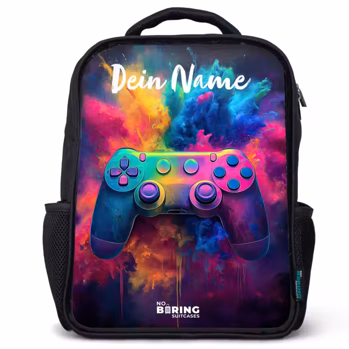 Kinderrucksack mit Namen - Schwarz - Spiel - Controller - Bunt - Explosion