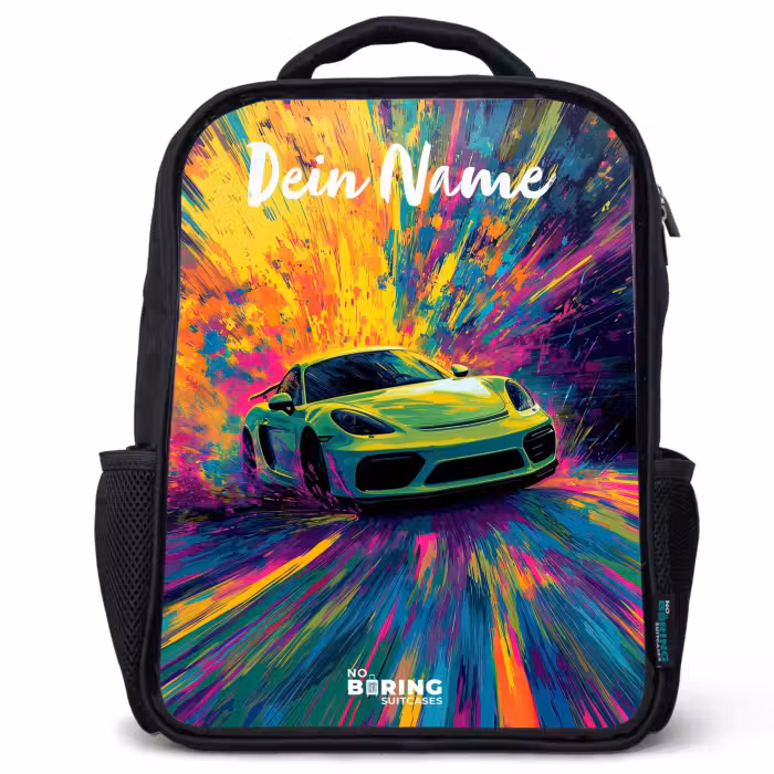 Kinderrucksack mit Namen - Schwarz - Sportwagen - Grün - Lackstreifen - Farben