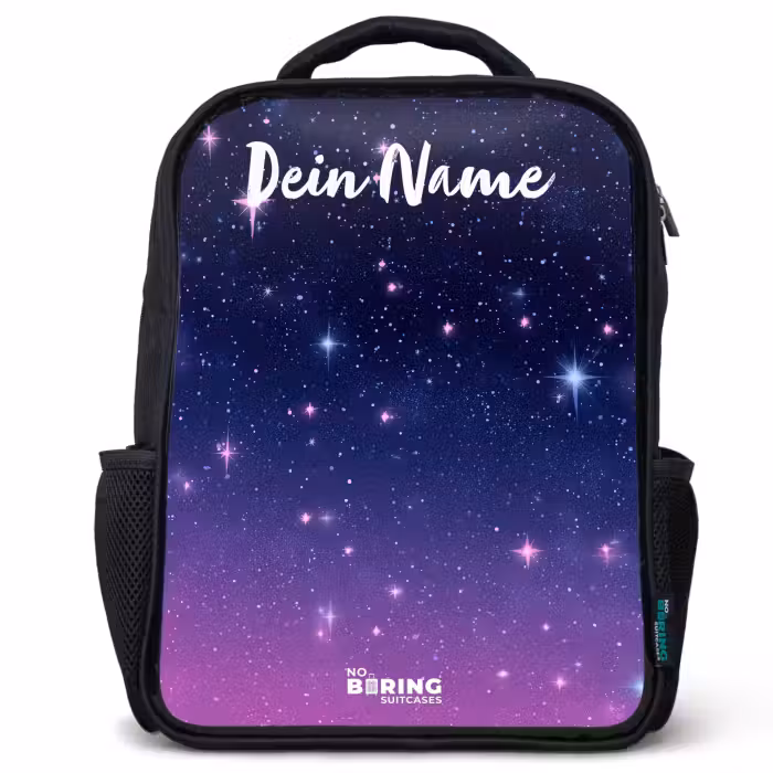 Kinderrucksack mit Namen - Schwarz - Sterne - Galaxie - Blau - Rosa