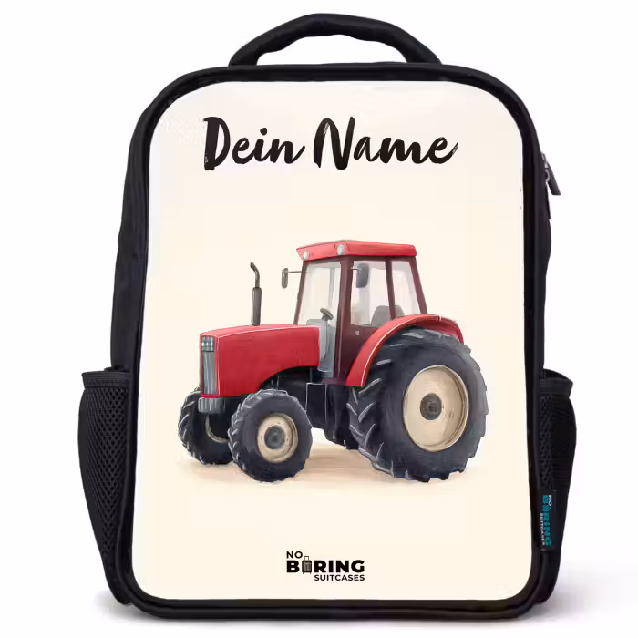 Kinderrucksack mit Namen - Schwarz - Traktor - Signiert - Rot