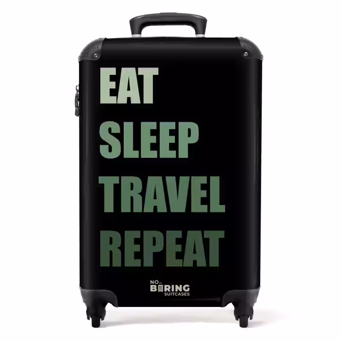 Koffer - Schwarzer Hintergrund mit grünem Text Eat Sleep Travel Repeat