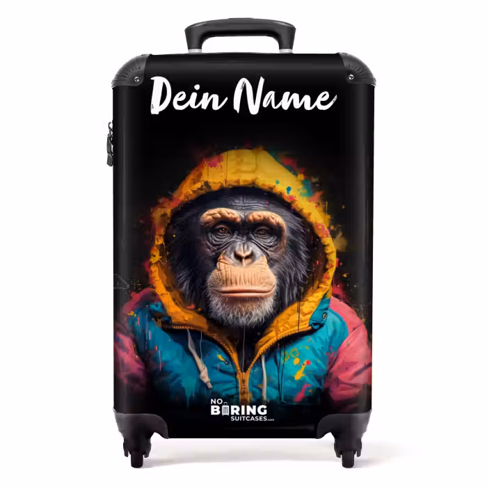Koffer mit Name - Affe mit bunter Weste