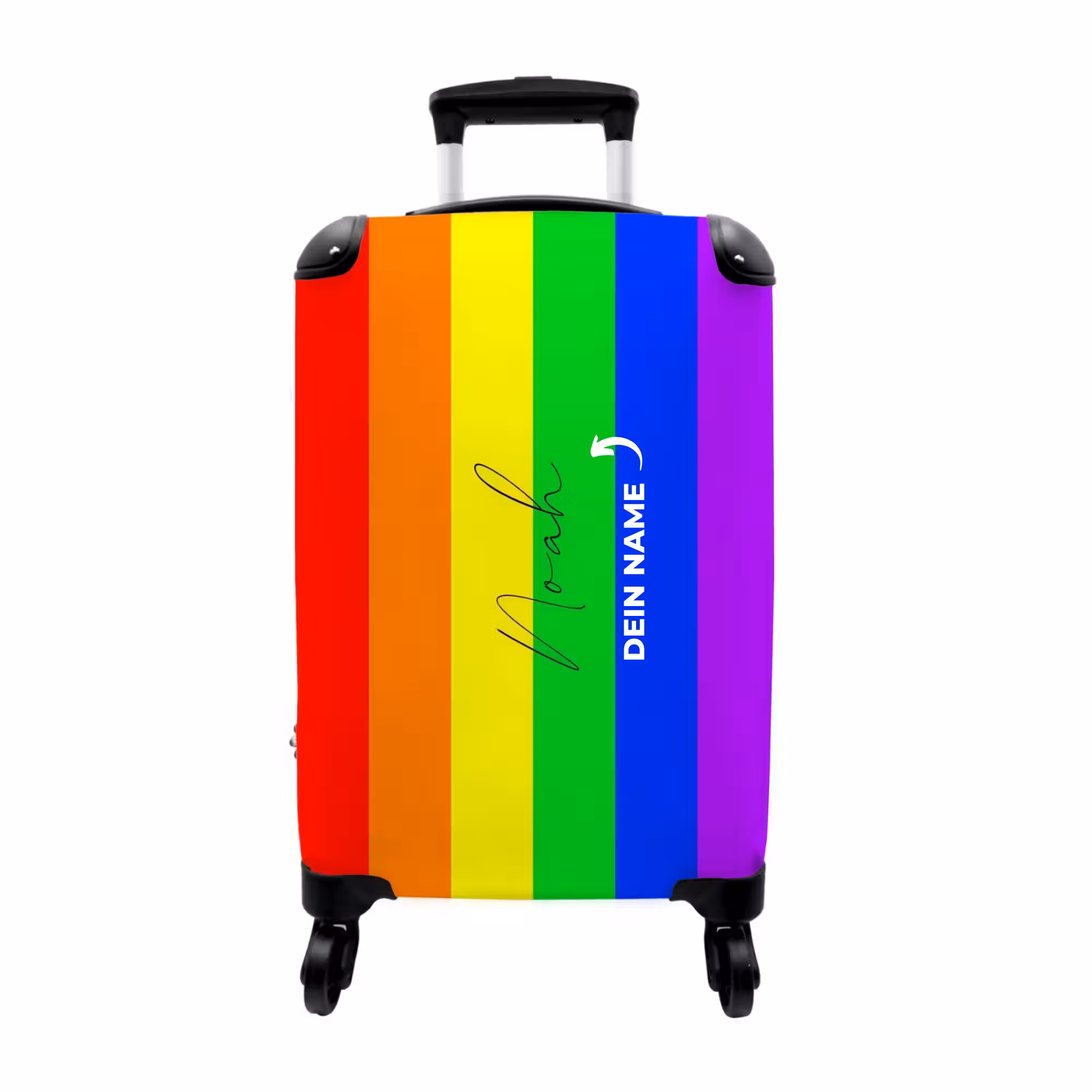 Koffer mit Name - Regenbogenhintergrund mit schwarzen Buchstaben