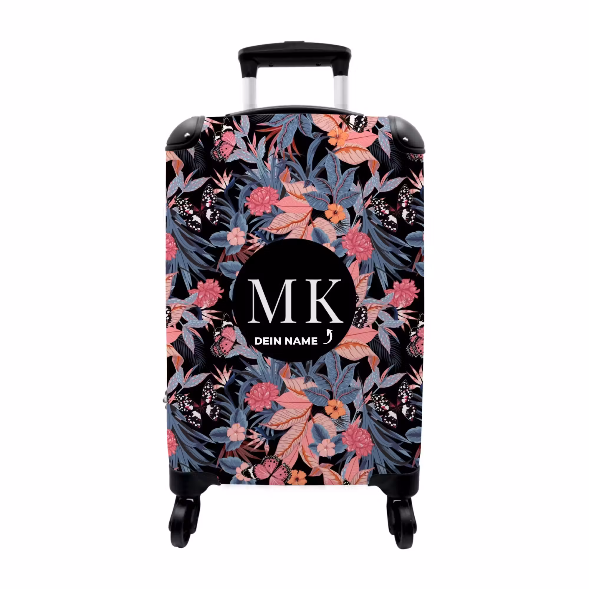 Koffer mit Name - Rosa und violette Blumen