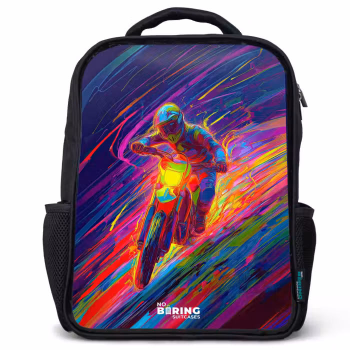 Kinderrucksack - Schwarz - Crossrad - Neonfarben - Linien - Helm