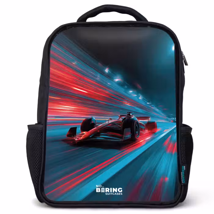 Kinderrucksack - Schwarz - Rennwagen - Strecke - Neon - Beleuchtung