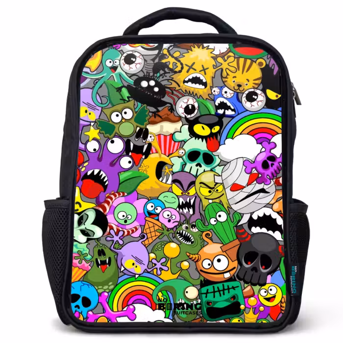 Kinderrucksack - Schwarz - Chaotisch-bunte Monster-Muster