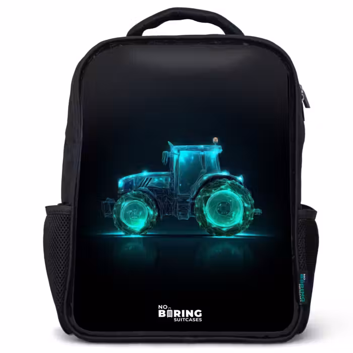 Kinderrucksack - Schwarz - Neontraktor auf schwarzem Hintergrund