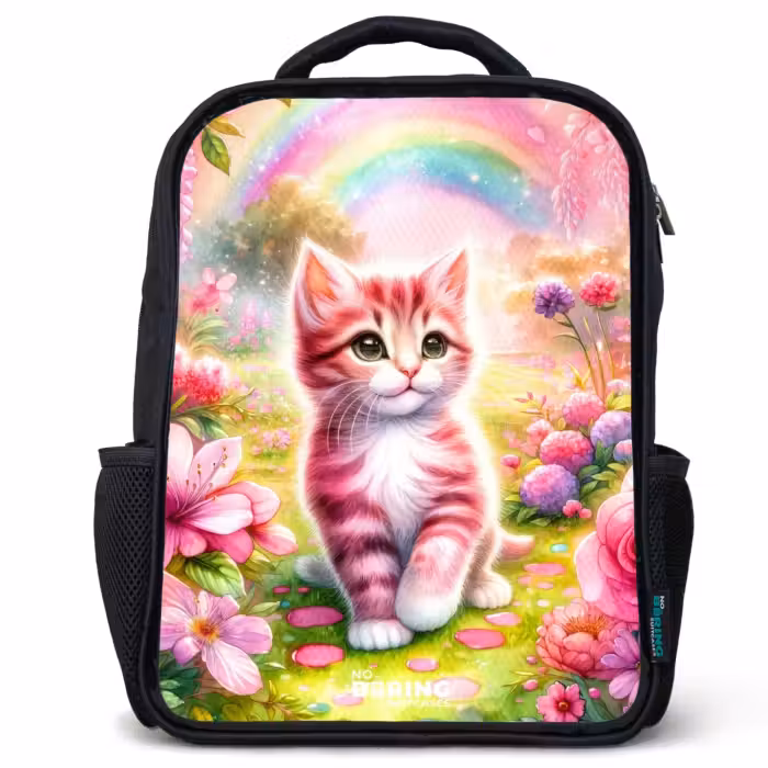 Kinderrucksack - Schwarz - Kätzchen mit Regenbogen und Blumen