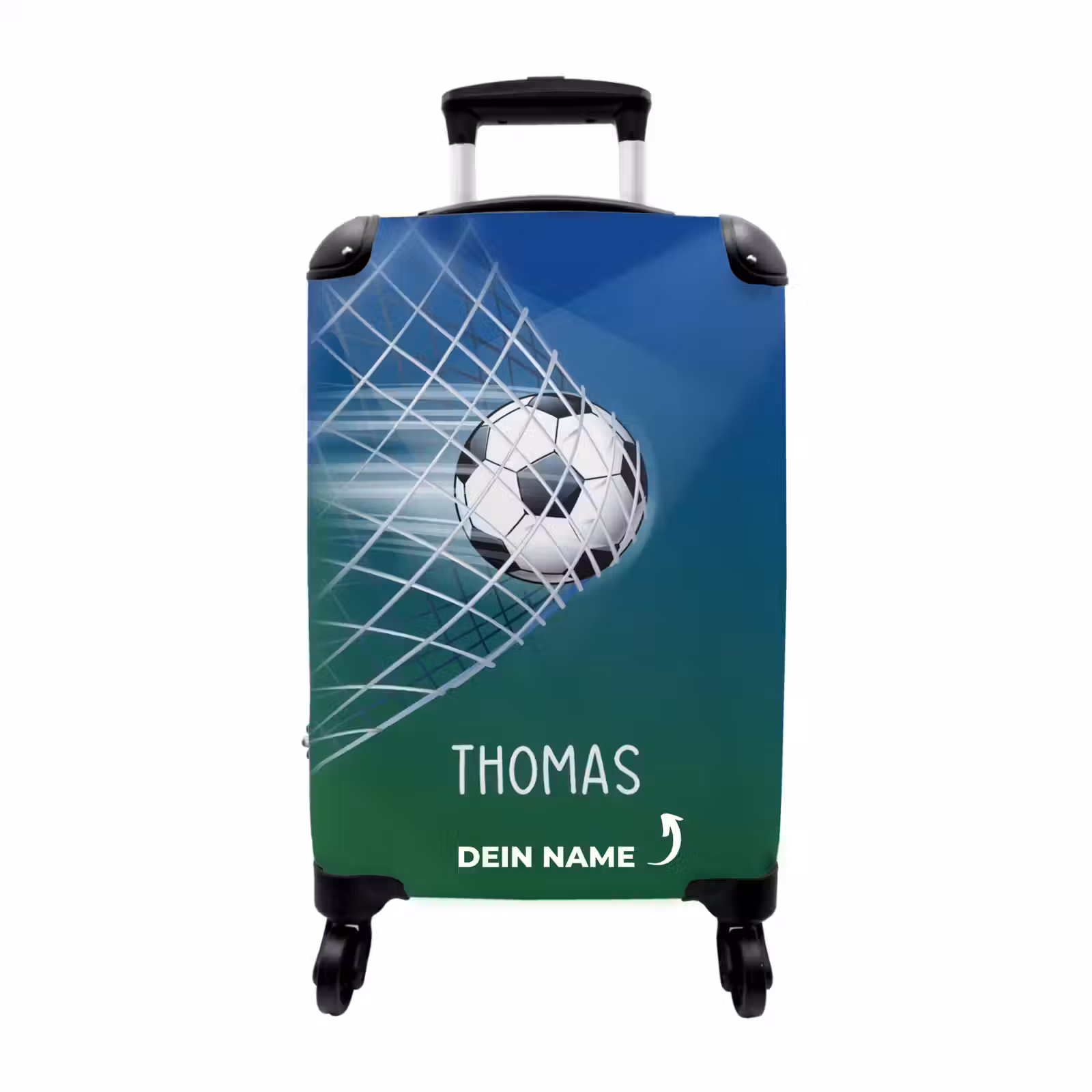 Koffer mit Name - Fußball im Tor mit blauem und grünem Hintergrund — 1